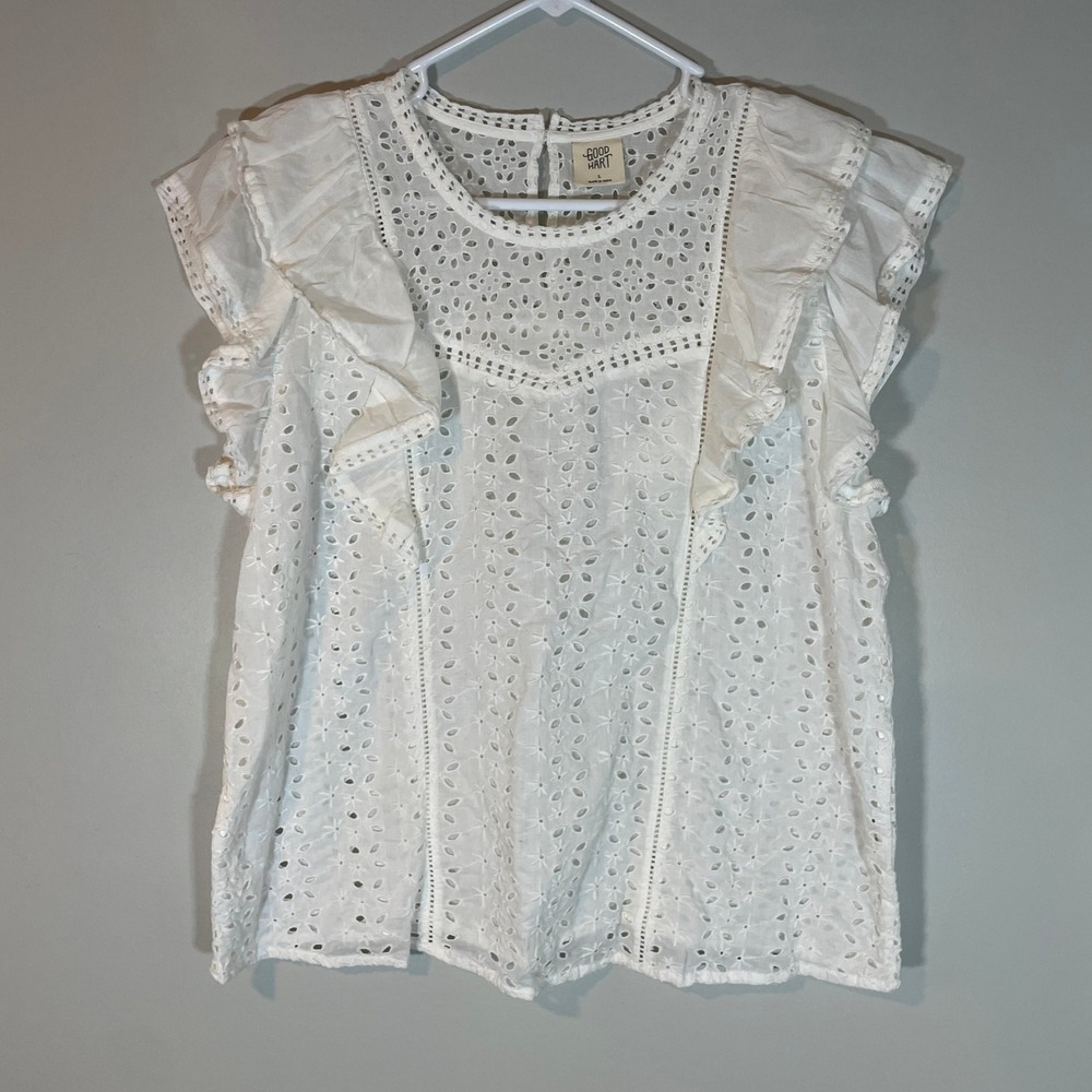 Good Hart Matilda Jane White Eyelet Ruffle Flutter Slv Cotton Blouse Top L Boho - Picture 1 of 5